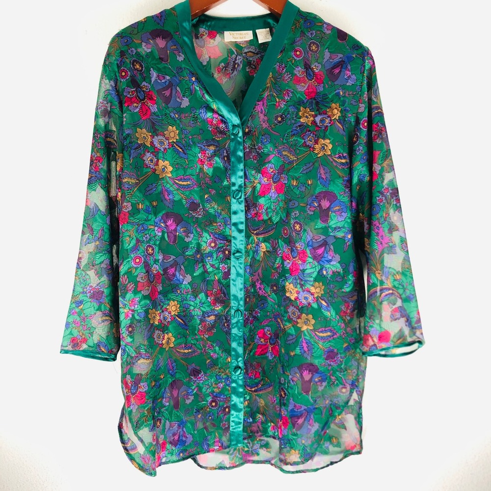 Victorias Secret Vintage Gold Label Green Floral Chiffon Sleep Shirt Robe S Y2K
